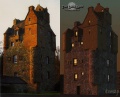 Comparison of real world towerhouse and early in-game mockup, by Komag